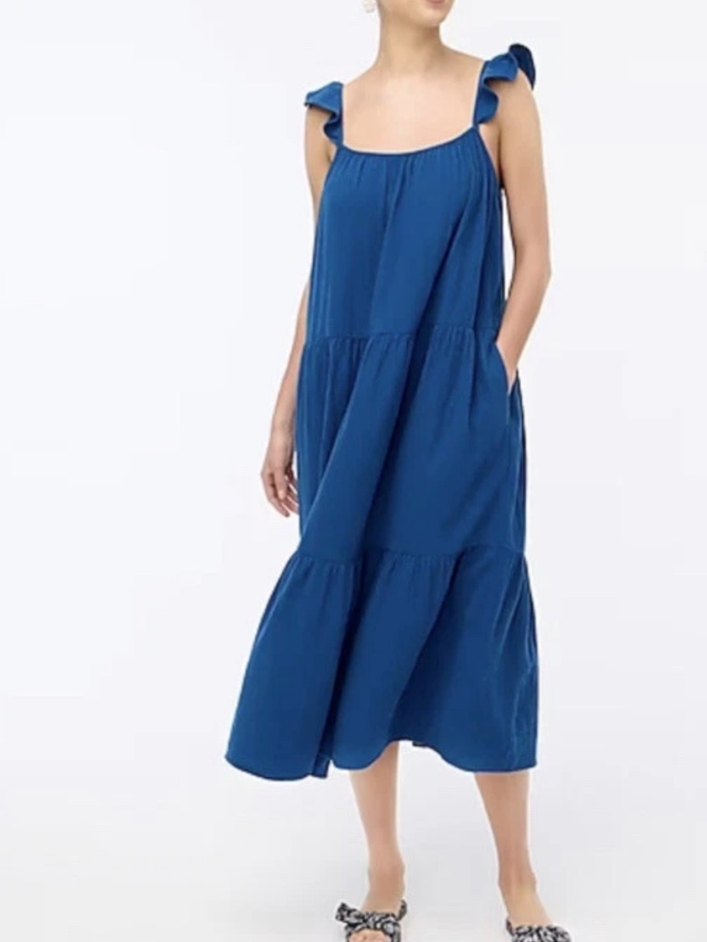 J. Crew Blue Tiered Midi Dress with Ruffle Straps